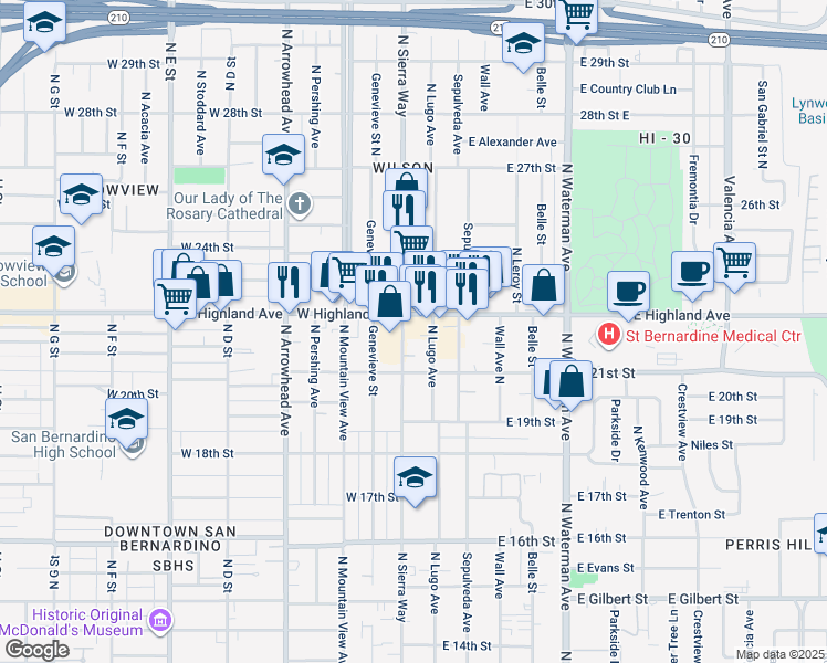 map of restaurants, bars, coffee shops, grocery stores, and more near 2167 North Sierra Way in San Bernardino