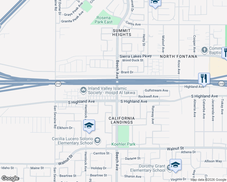map of restaurants, bars, coffee shops, grocery stores, and more near 6524 Bristol Avenue in Fontana