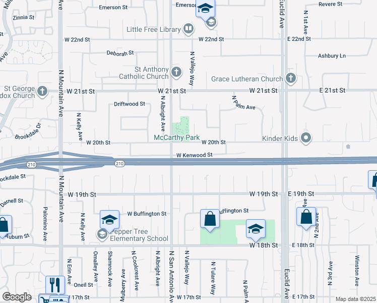 map of restaurants, bars, coffee shops, grocery stores, and more near 711 West Kenwood Street in Upland