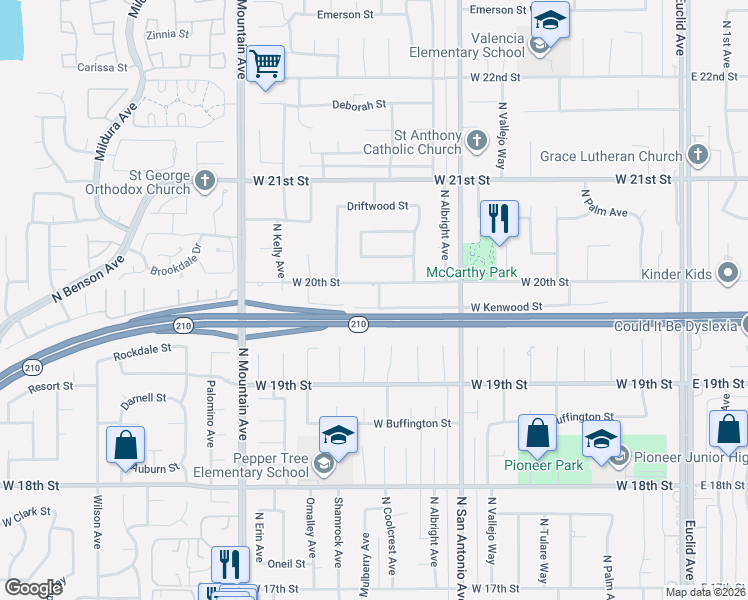 map of restaurants, bars, coffee shops, grocery stores, and more near 959 West Kenwood Street in Upland