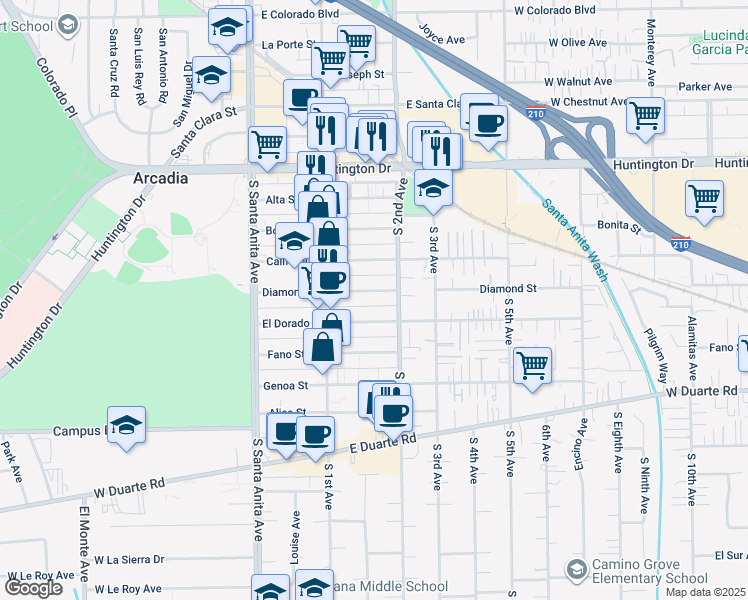 map of restaurants, bars, coffee shops, grocery stores, and more near 154 Diamond Street in Arcadia