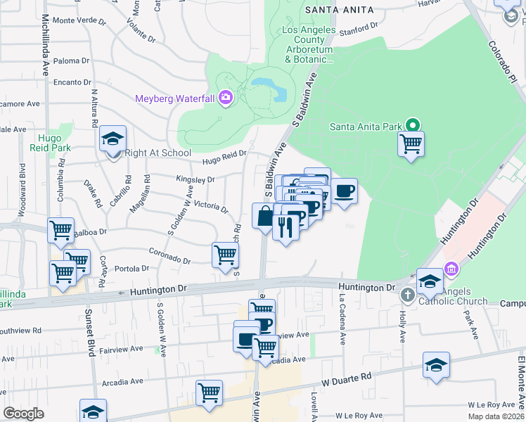 map of restaurants, bars, coffee shops, grocery stores, and more near 421 South Baldwin Avenue in Arcadia