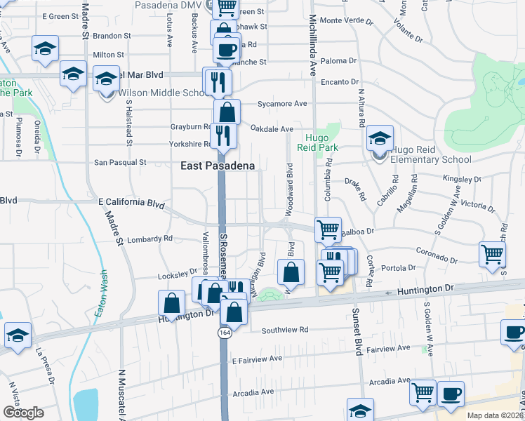 map of restaurants, bars, coffee shops, grocery stores, and more near 635 Michigan Boulevard in Pasadena