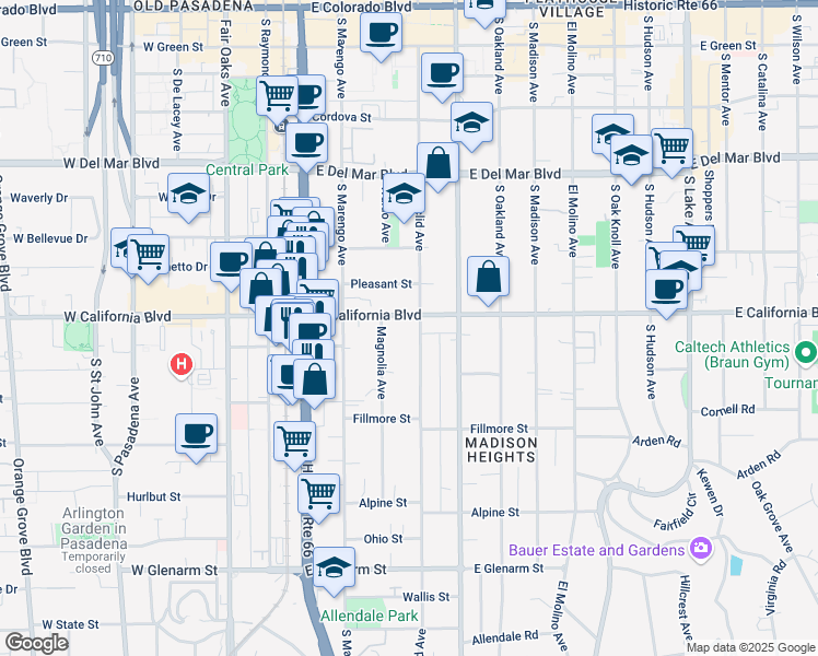 map of restaurants, bars, coffee shops, grocery stores, and more near 340 East California Boulevard in Pasadena