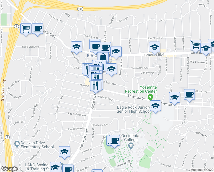 map of restaurants, bars, coffee shops, grocery stores, and more near 2108 Fair Park Avenue in Los Angeles