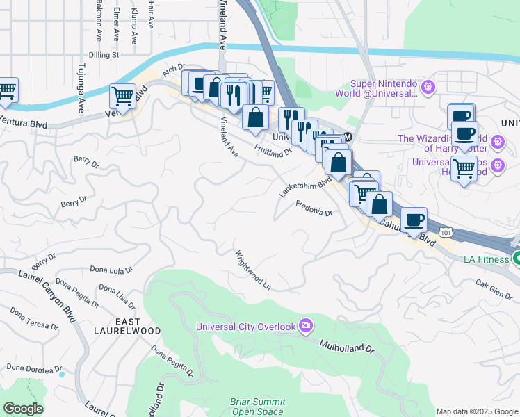 map of restaurants, bars, coffee shops, grocery stores, and more near 10901 Terryview Drive in Los Angeles