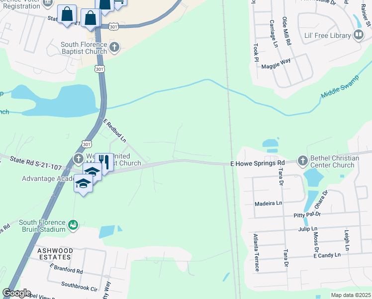 map of restaurants, bars, coffee shops, grocery stores, and more near 500 East Howe Springs Road in Florence