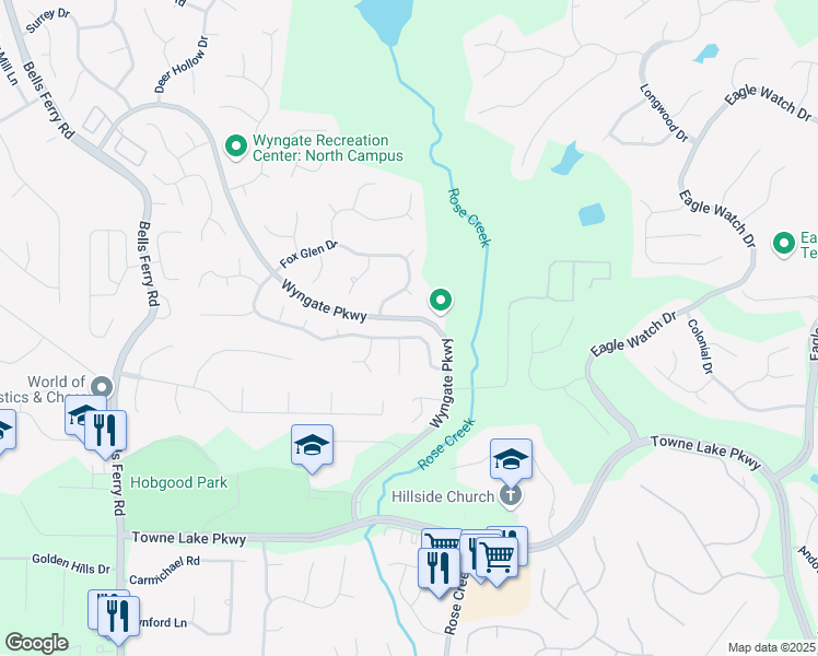 map of restaurants, bars, coffee shops, grocery stores, and more near 4047 Watkins Glen Drive in Woodstock