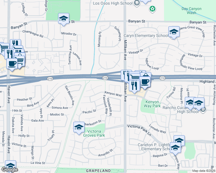 map of restaurants, bars, coffee shops, grocery stores, and more near 6548 Belhaven Court in Rancho Cucamonga