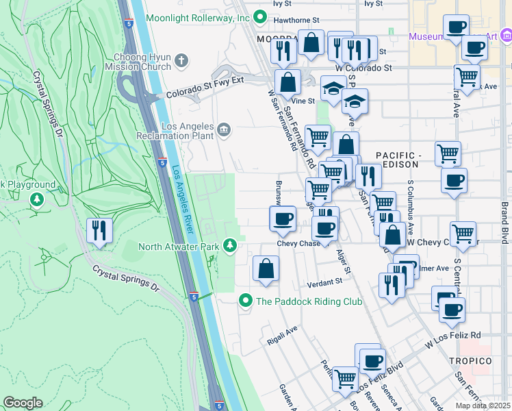 map of restaurants, bars, coffee shops, grocery stores, and more near 4021 Baywood Street in Los Angeles