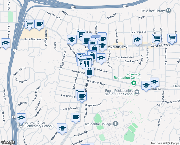 map of restaurants, bars, coffee shops, grocery stores, and more near 4908 North Eagle Rock Boulevard in Los Angeles