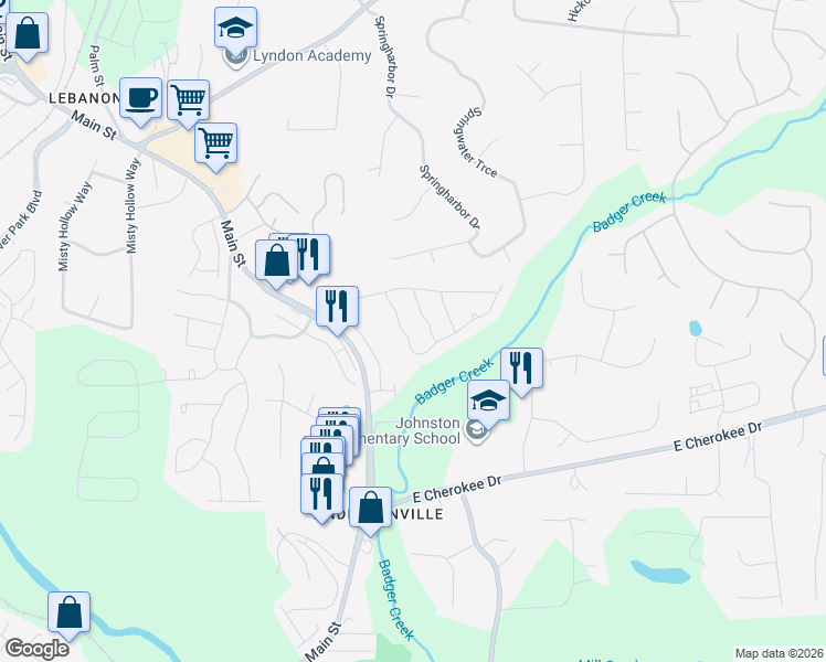 map of restaurants, bars, coffee shops, grocery stores, and more near 515 Lost Creek Drive in Woodstock