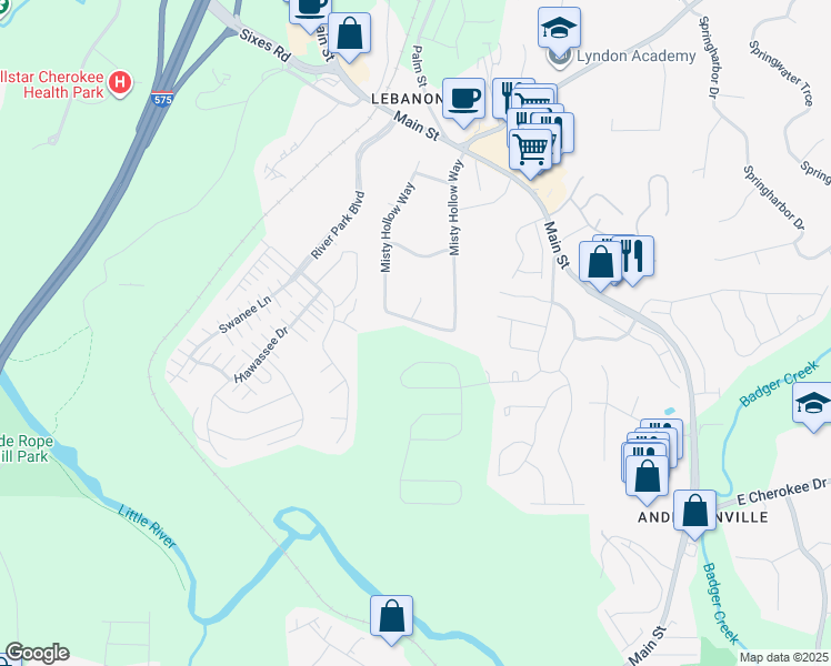 map of restaurants, bars, coffee shops, grocery stores, and more near 147 Misty Hollow Way in Woodstock