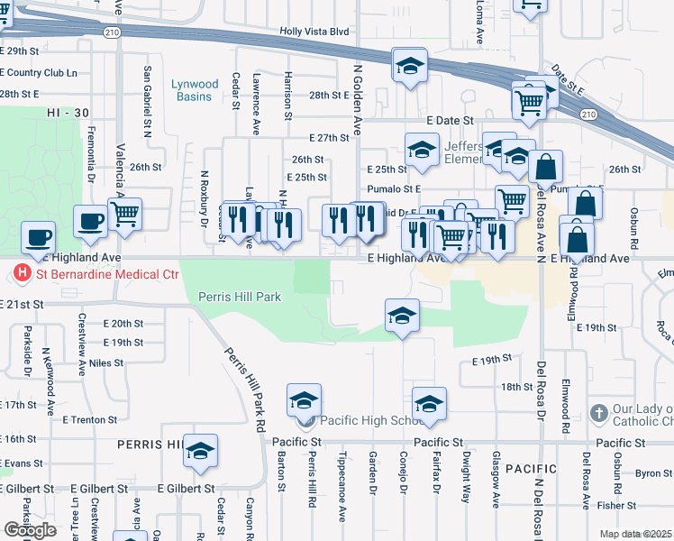 map of restaurants, bars, coffee shops, grocery stores, and more near 1181 East Highland Avenue in San Bernardino