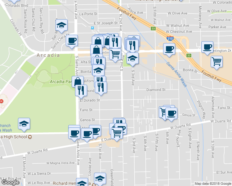 map of restaurants, bars, coffee shops, grocery stores, and more near 154 Diamond Street in Arcadia
