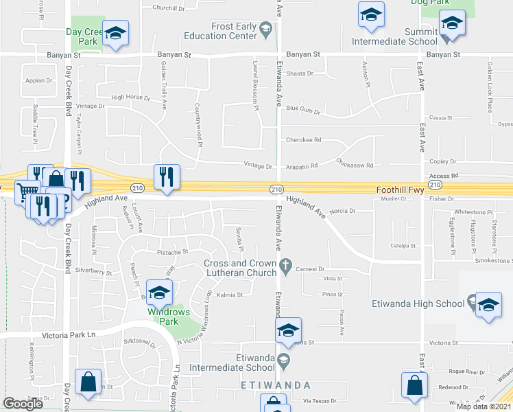map of restaurants, bars, coffee shops, grocery stores, and more near 12832 Coriander Court in Rancho Cucamonga