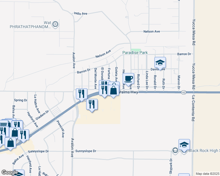 map of restaurants, bars, coffee shops, grocery stores, and more near 58746 Paxton Outerhighway North in Yucca Valley