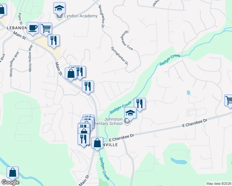 map of restaurants, bars, coffee shops, grocery stores, and more near 615 Stone Hill Drive in Woodstock