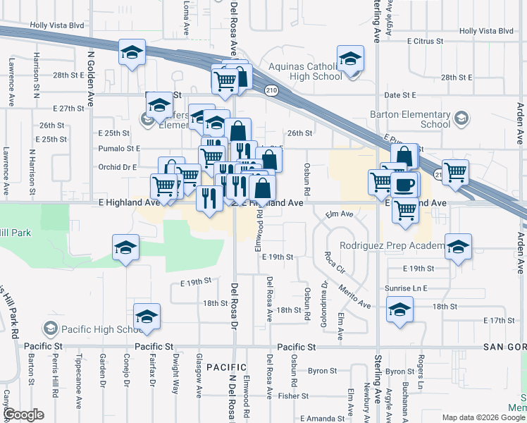 map of restaurants, bars, coffee shops, grocery stores, and more near 1689 East Highland Avenue in San Bernardino