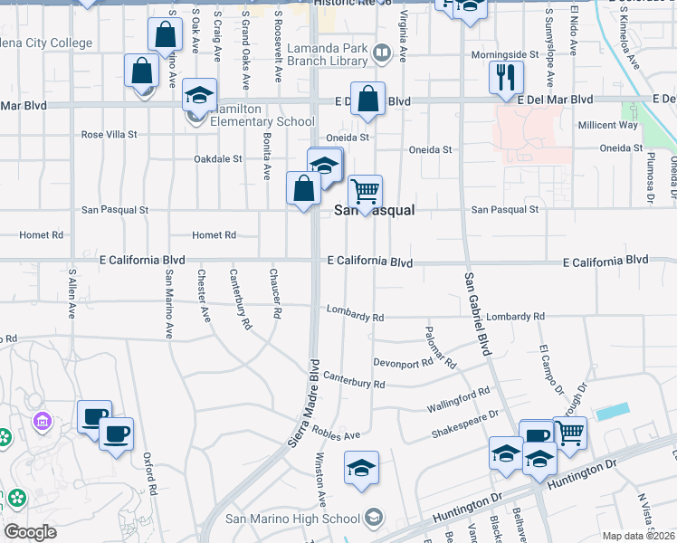 map of restaurants, bars, coffee shops, grocery stores, and more near 627 Winston Avenue in San Marino