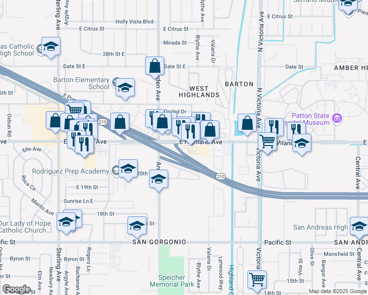 map of restaurants, bars, coffee shops, grocery stores, and more near 2505 East Highland Avenue in San Bernardino