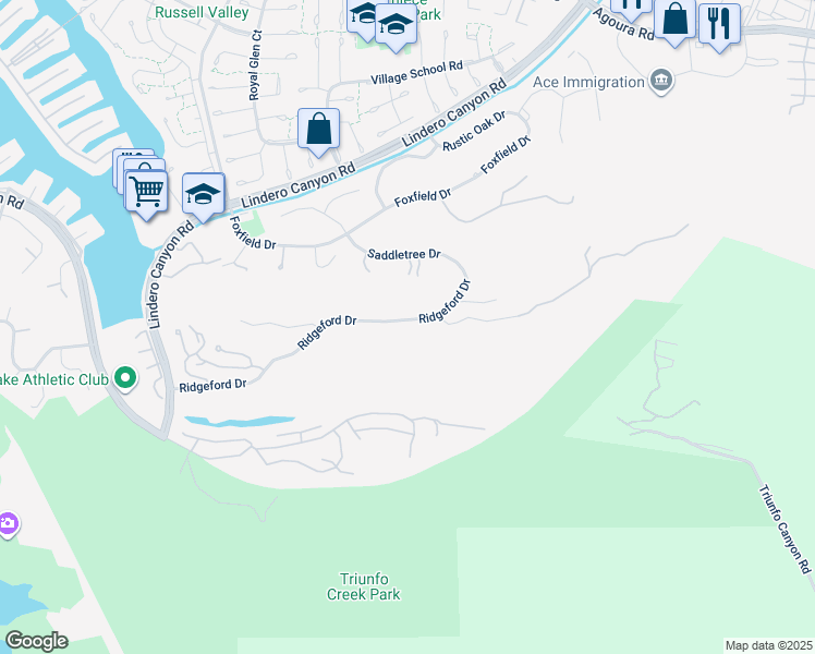 map of restaurants, bars, coffee shops, grocery stores, and more near 3520 Ridgeford Drive in Westlake Village