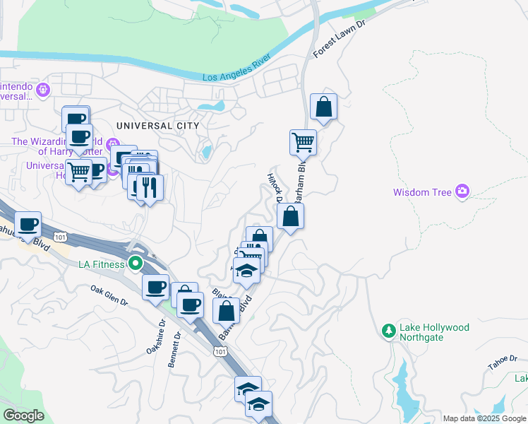 map of restaurants, bars, coffee shops, grocery stores, and more near 3437 Troy Drive in Los Angeles