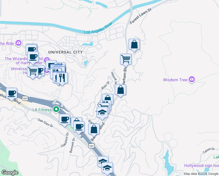 map of restaurants, bars, coffee shops, grocery stores, and more near 3437 Troy Drive in Los Angeles