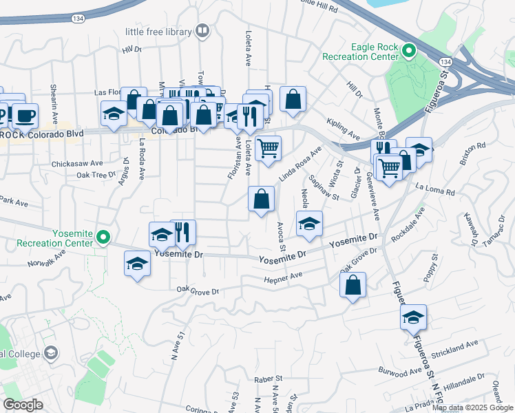map of restaurants, bars, coffee shops, grocery stores, and more near 4893 Hartwick Street in Los Angeles