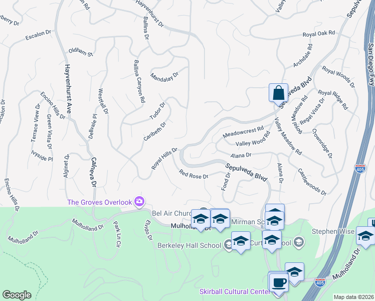 map of restaurants, bars, coffee shops, grocery stores, and more near 16229 Meadowcrest Road in Los Angeles