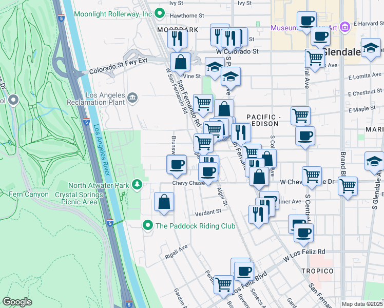 map of restaurants, bars, coffee shops, grocery stores, and more near 4147 Baywood Street in Los Angeles