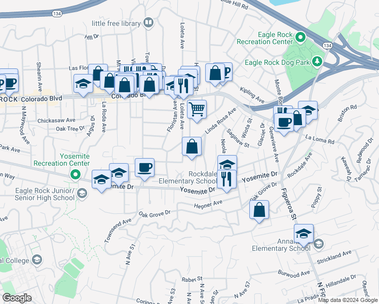 map of restaurants, bars, coffee shops, grocery stores, and more near 4893 Hartwick Street in Los Angeles