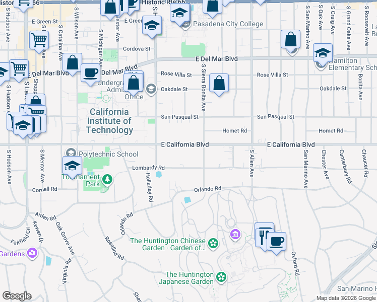 map of restaurants, bars, coffee shops, grocery stores, and more near 1538 East California Boulevard in Pasadena