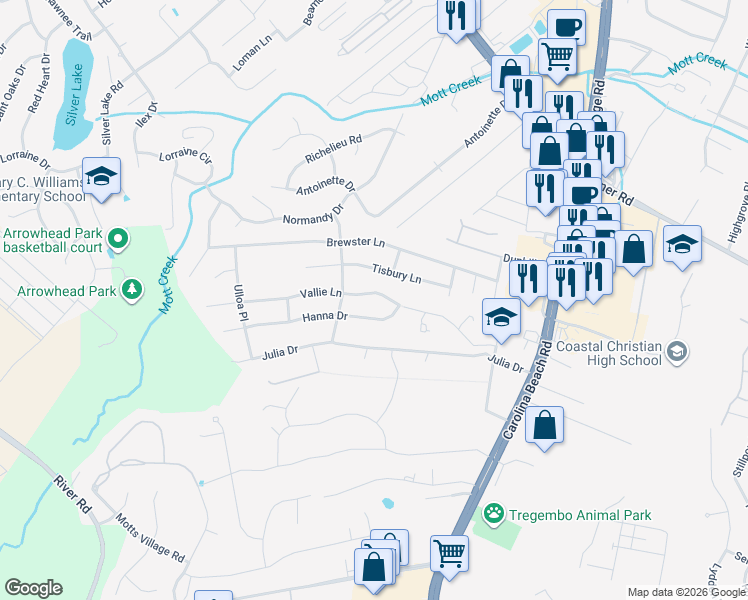 map of restaurants, bars, coffee shops, grocery stores, and more near 522 Vallie Lane in Wilmington