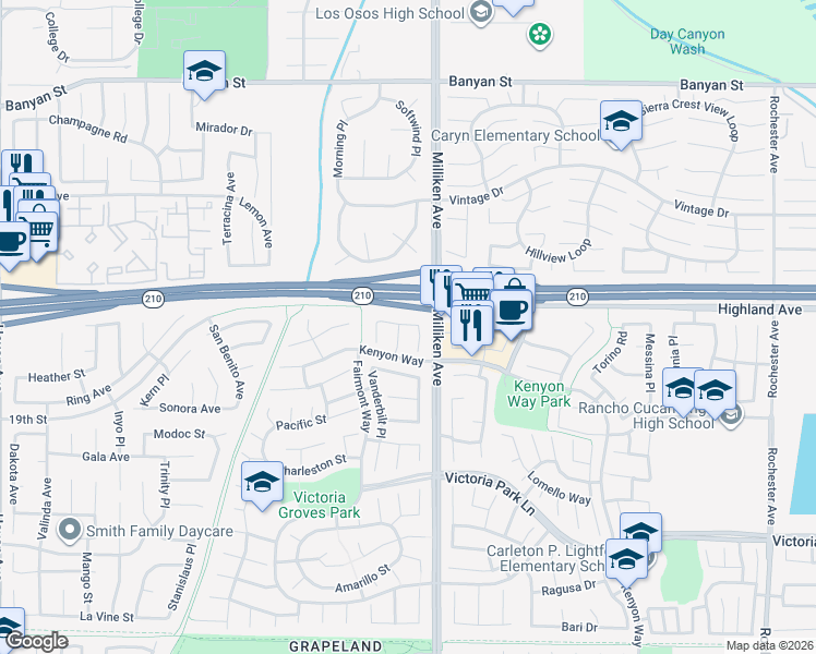 map of restaurants, bars, coffee shops, grocery stores, and more near 11277 Wingate Drive in Rancho Cucamonga