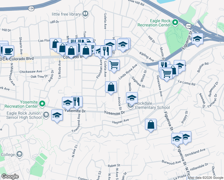 map of restaurants, bars, coffee shops, grocery stores, and more near 4890 Hartwick Street in Los Angeles