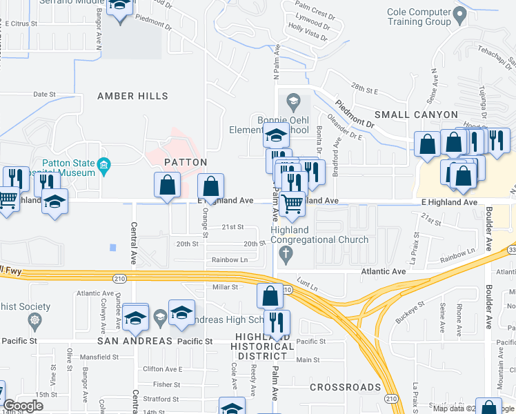 map of restaurants, bars, coffee shops, grocery stores, and more near 3553 East Highland Avenue in Highland