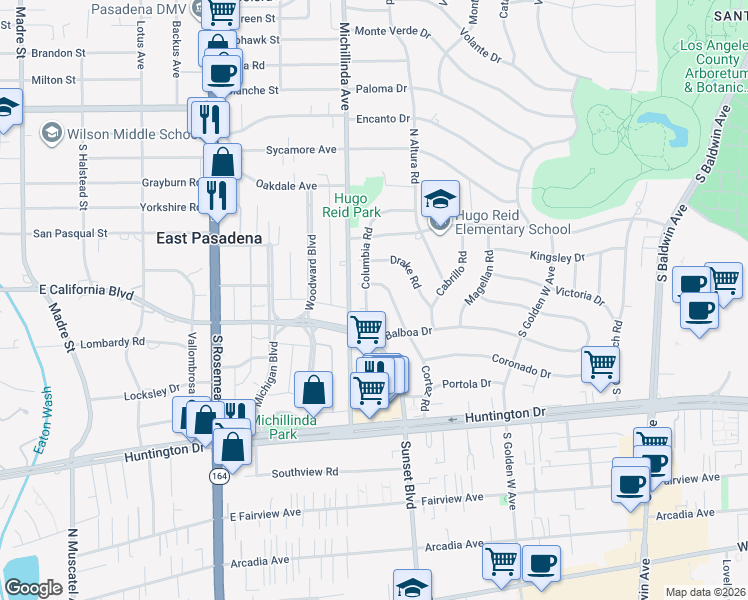 map of restaurants, bars, coffee shops, grocery stores, and more near 414 Columbia Road in Arcadia