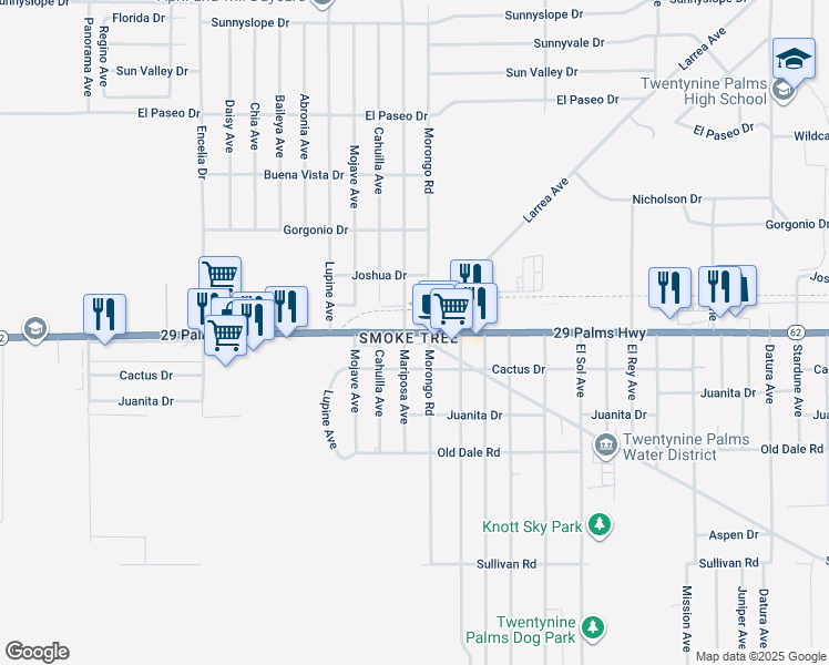 map of restaurants, bars, coffee shops, grocery stores, and more near 29 Palms Highway in Twentynine Palms
