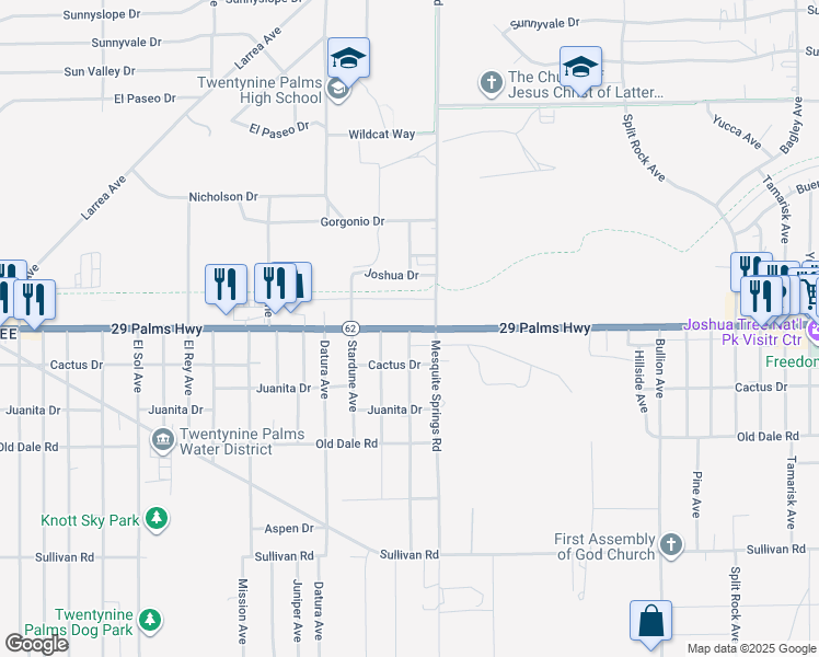 map of restaurants, bars, coffee shops, grocery stores, and more near Clare Avenue in Twentynine Palms