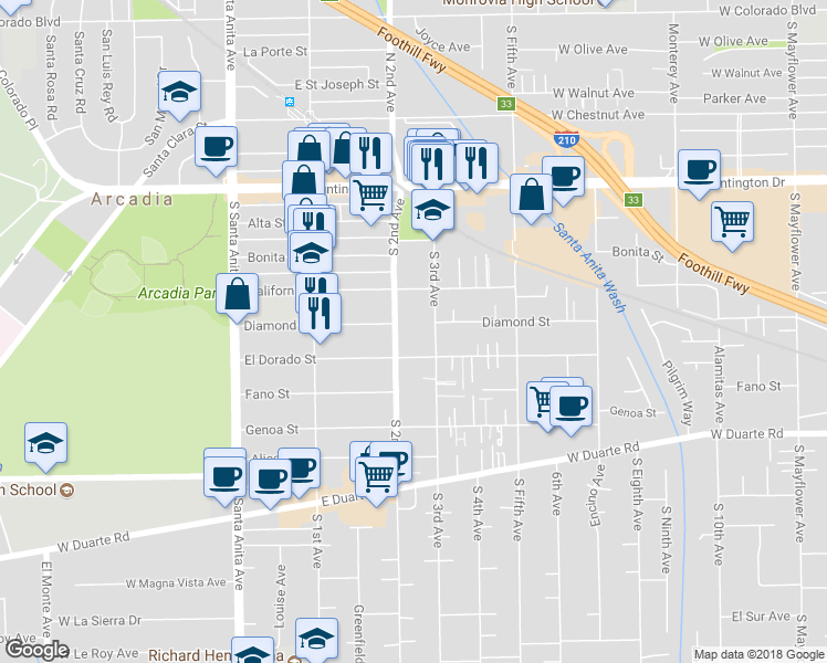 map of restaurants, bars, coffee shops, grocery stores, and more near 412 South 2nd Avenue in Arcadia