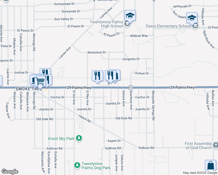 map of restaurants, bars, coffee shops, grocery stores, and more near 6608 Star Dune in Twentynine Palms