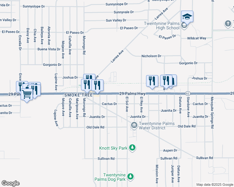 map of restaurants, bars, coffee shops, grocery stores, and more near California 62 in Twentynine Palms