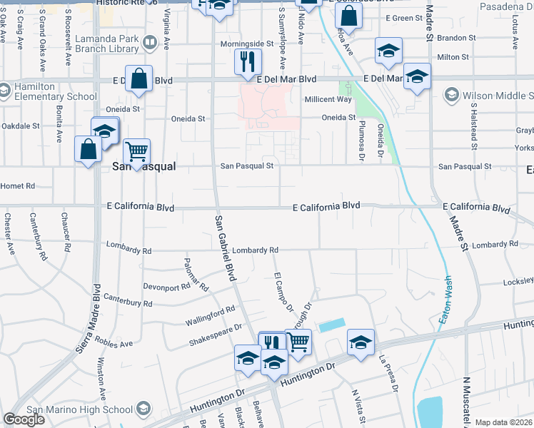map of restaurants, bars, coffee shops, grocery stores, and more near 2830 East California Boulevard in Pasadena