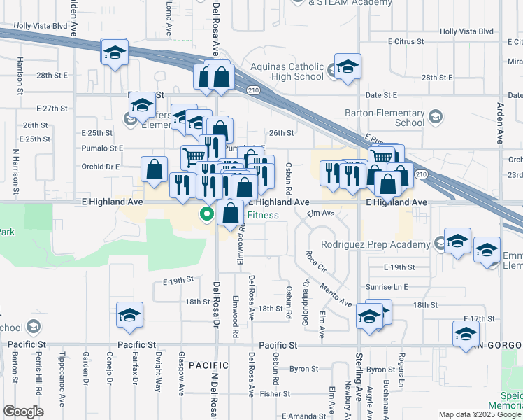 map of restaurants, bars, coffee shops, grocery stores, and more near 1731 East Highland Avenue in San Bernardino