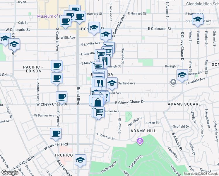 map of restaurants, bars, coffee shops, grocery stores, and more near 910 South Glendale Avenue in Glendale