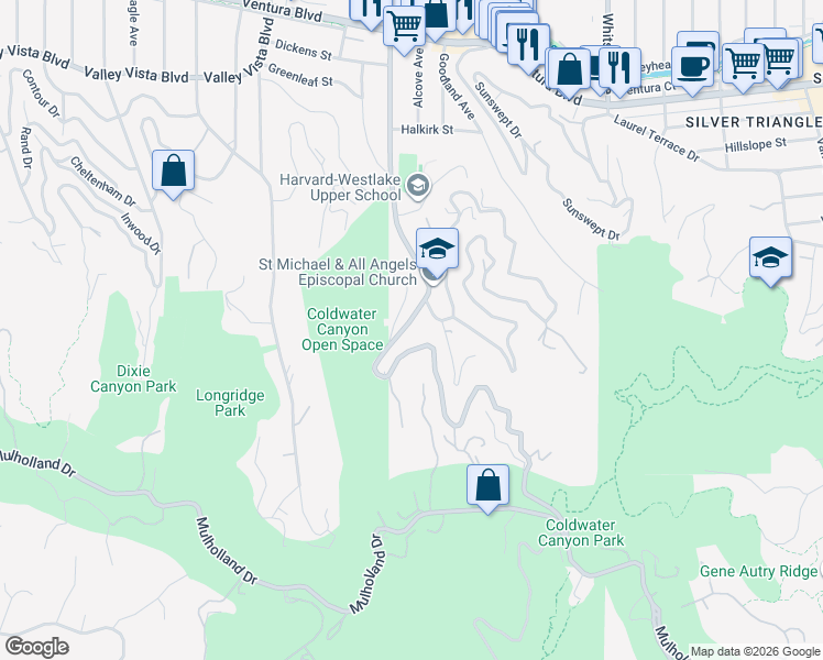 map of restaurants, bars, coffee shops, grocery stores, and more near 3618 Coldwater Canyon Avenue in Los Angeles