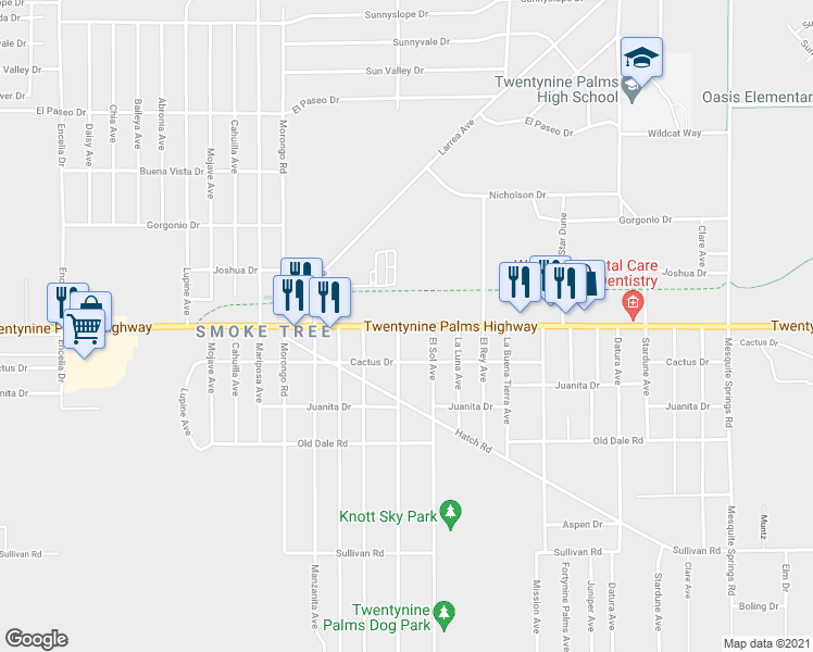map of restaurants, bars, coffee shops, grocery stores, and more near Twentynine Palms Highway in Twentynine Palms