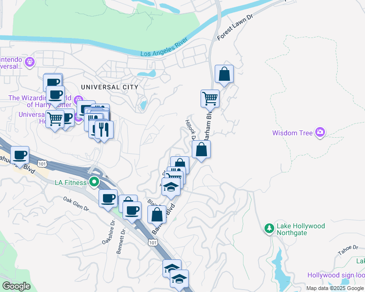 map of restaurants, bars, coffee shops, grocery stores, and more near 3437 Troy Drive in Los Angeles