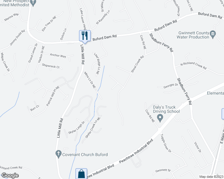 map of restaurants, bars, coffee shops, grocery stores, and more near 2180 Shoal Creek Road in Buford